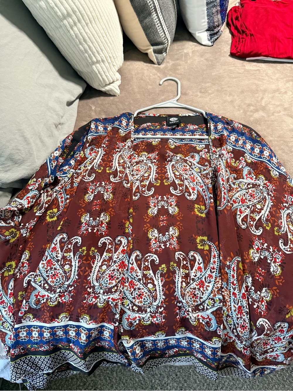 Bobeau Floral Paisley Open Kimono - Blue, Brown, Red